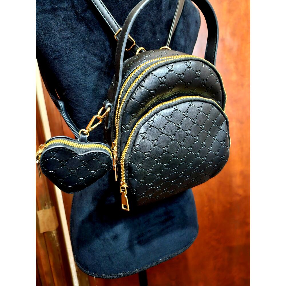 Mini Backpack Black Heart Pattern W/ Matching Hea… - image 1